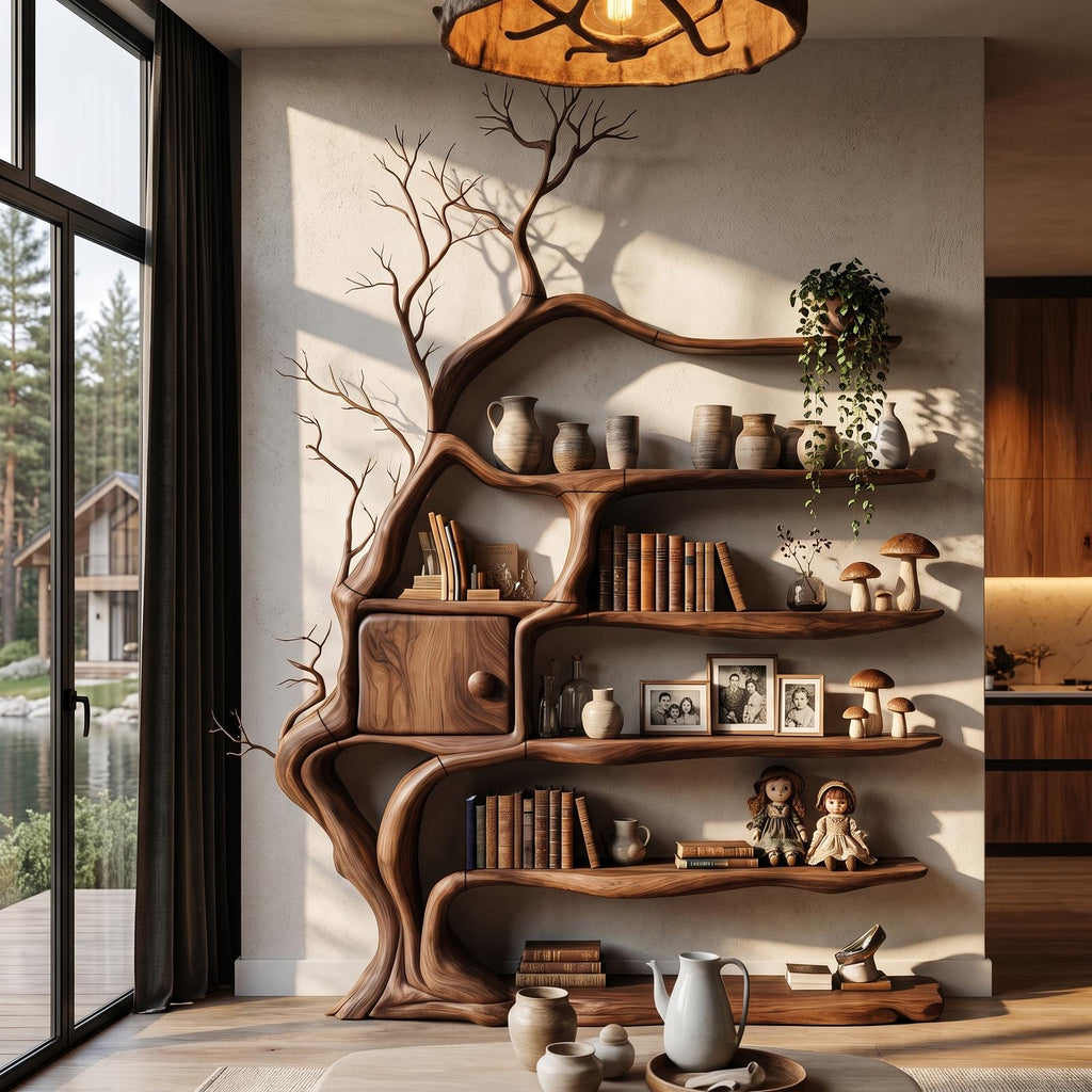 Modern Tree Bookshelf With Integrated Storage Cabinet For Living Room