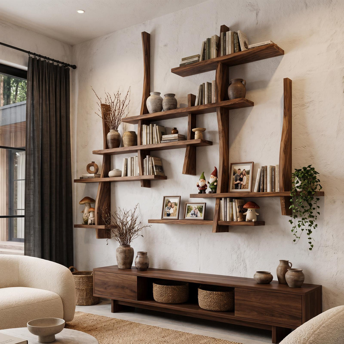 Rustic Floating Bookshelf With Layered Display Shelves For Home Library