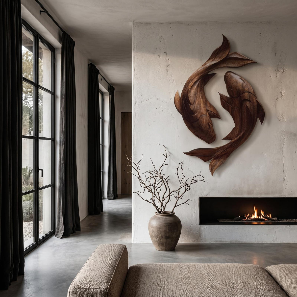Contemporary Wood Wall Sculpture With Carved Koi Fish Design For Living Room And Office SINLHAWA143
