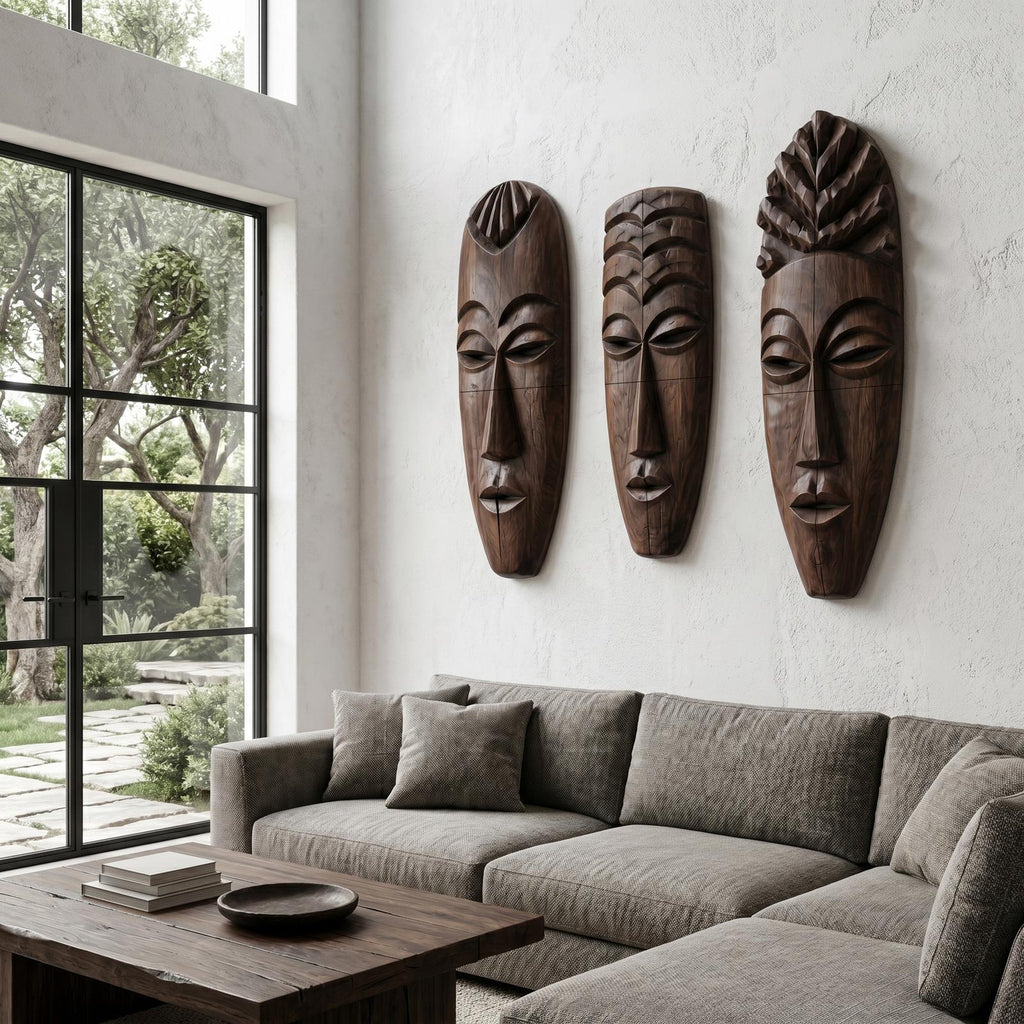 Tribal Wooden Wall Art Set, Hand-Carved African Mask Design Wooden Plaque for Entryway & Living Room