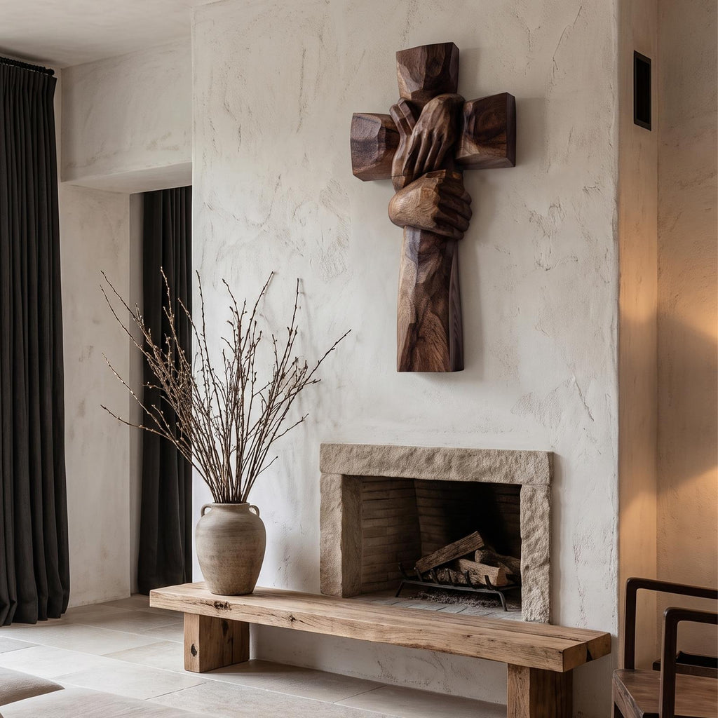 Rustic Wood Cross Wall Art With Praying Hands Design For Living Room And Prayer Room