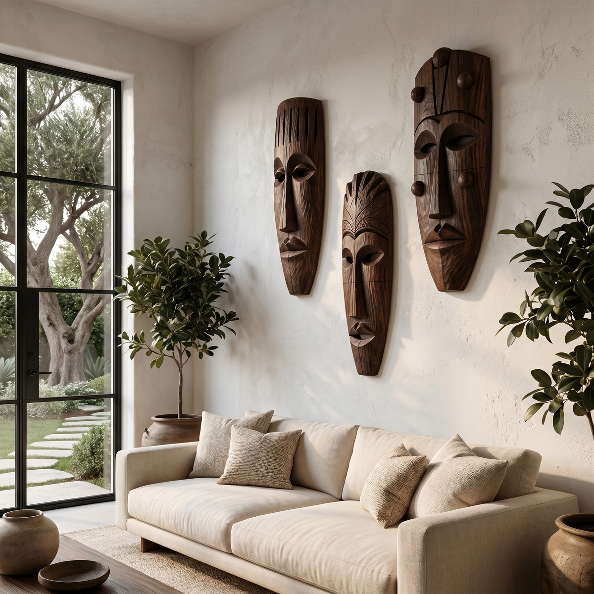 Hand-Carved Wooden Wall Art Set, Tribal Mask Decorative Wood Hanging Sculptures for Living Room & Entryway