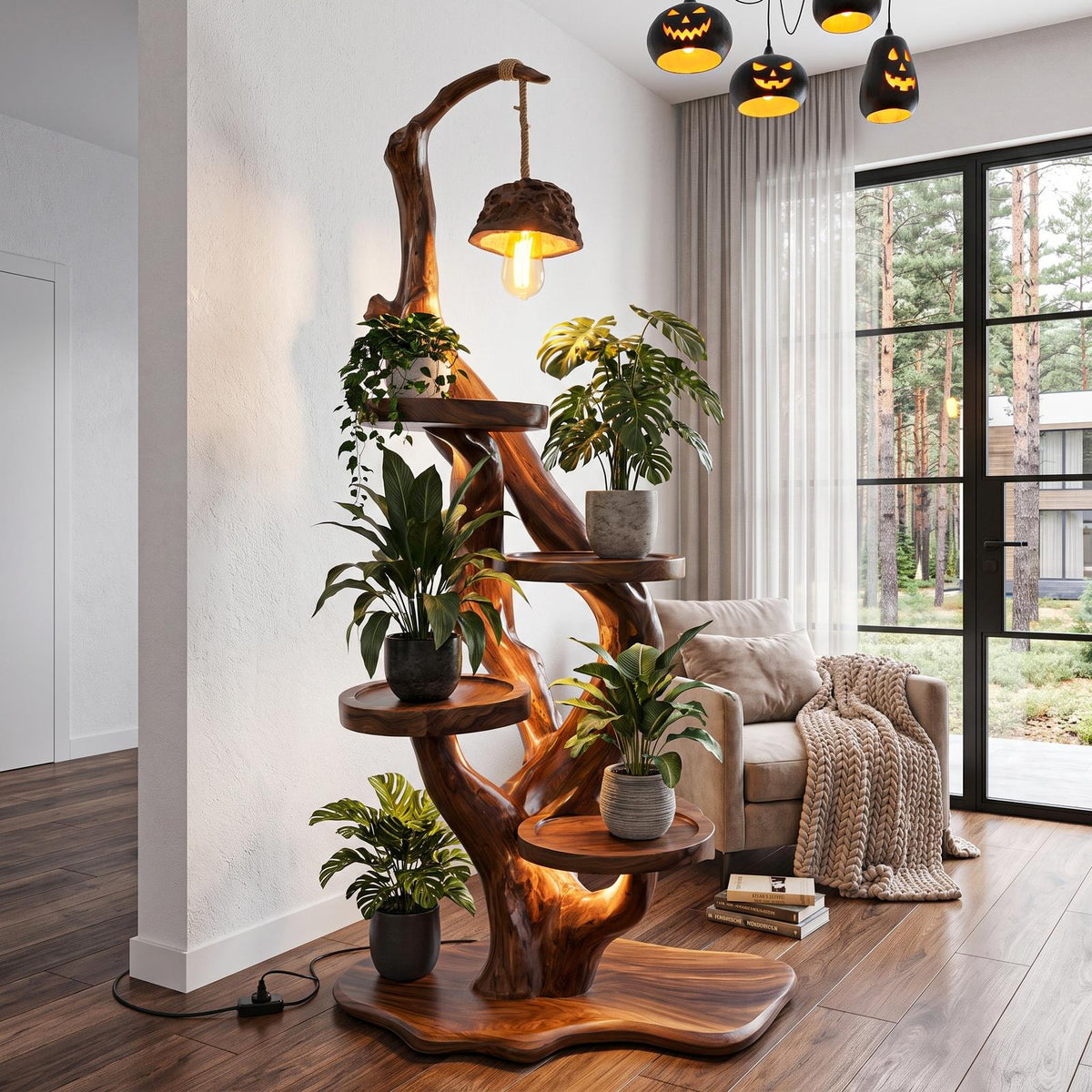 Rustic Halloween Tree Plant Stand With Hanging Lamp For Living Room