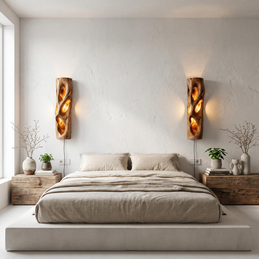 Sculptural Natural Wood Wall Sconce, Unique Handcrafted Solid Wood Wall Mounted LED Light for Living Room, Model