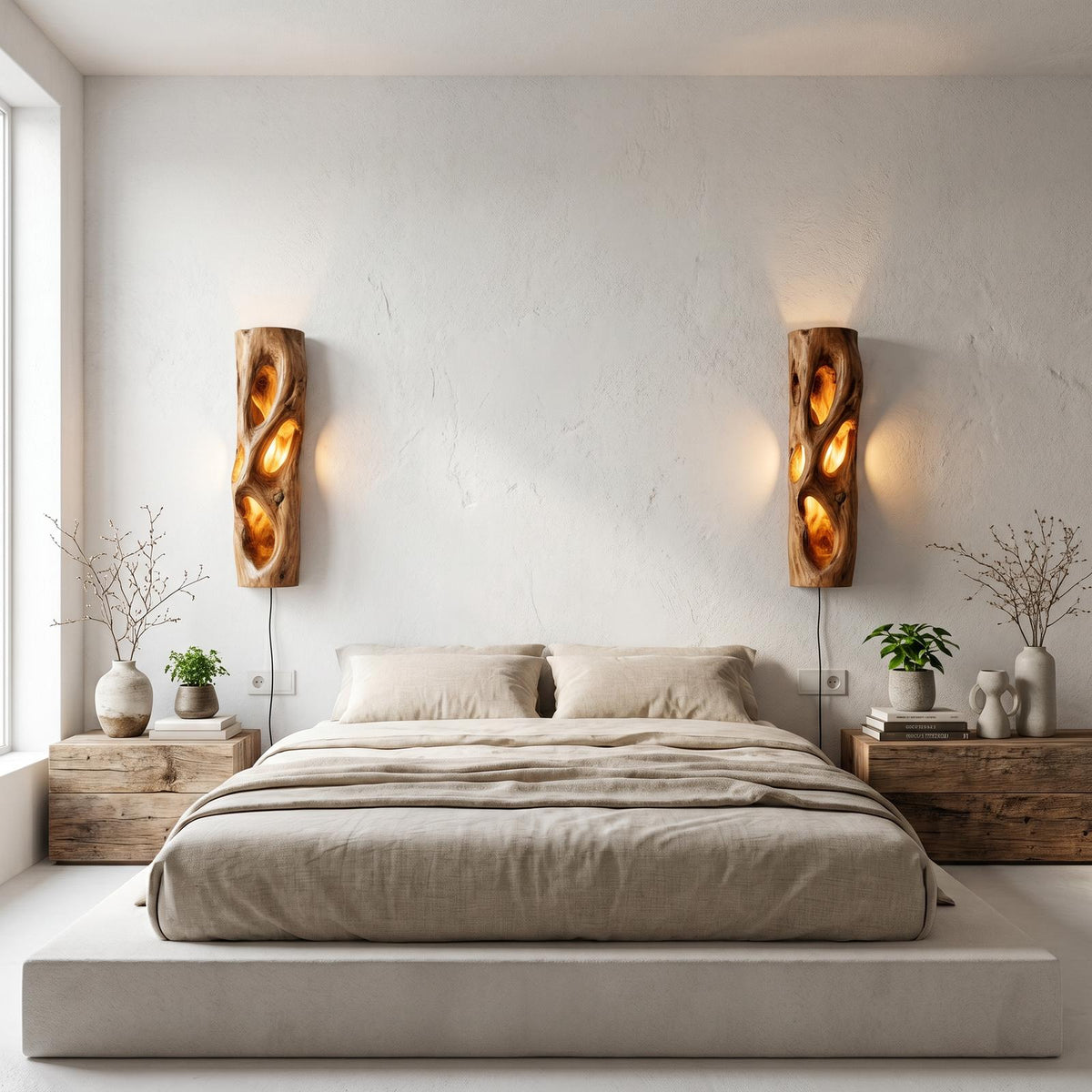 Sculptural Natural Wood Wall Sconce, Unique Handcrafted Solid Wood Wall Mounted LED Light for Living Room, Model