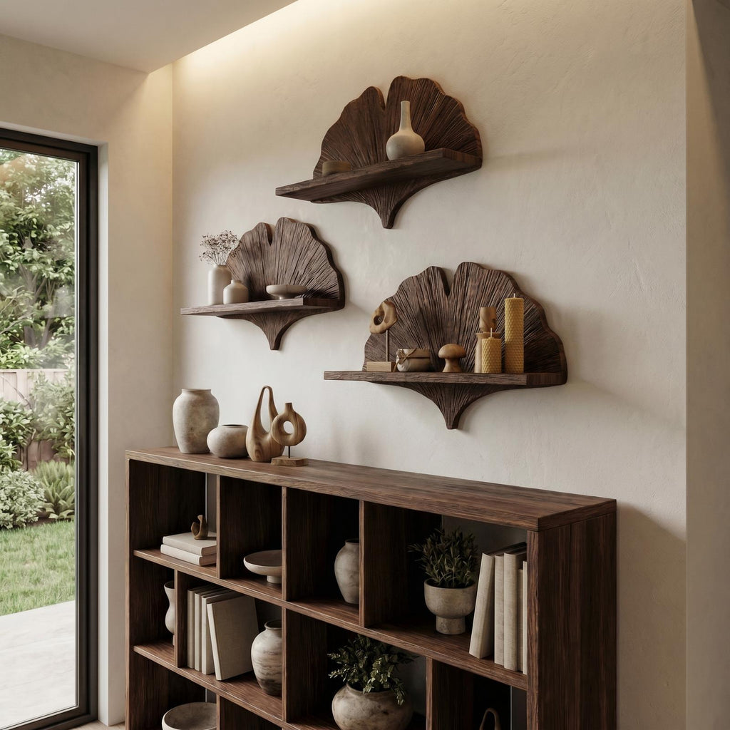 Teezano Fan Shape Wooden Floating Wall Shelf, Solid Wood Corner Display & Decorative Mounted Shelf for Living Room, SINLHAFL531