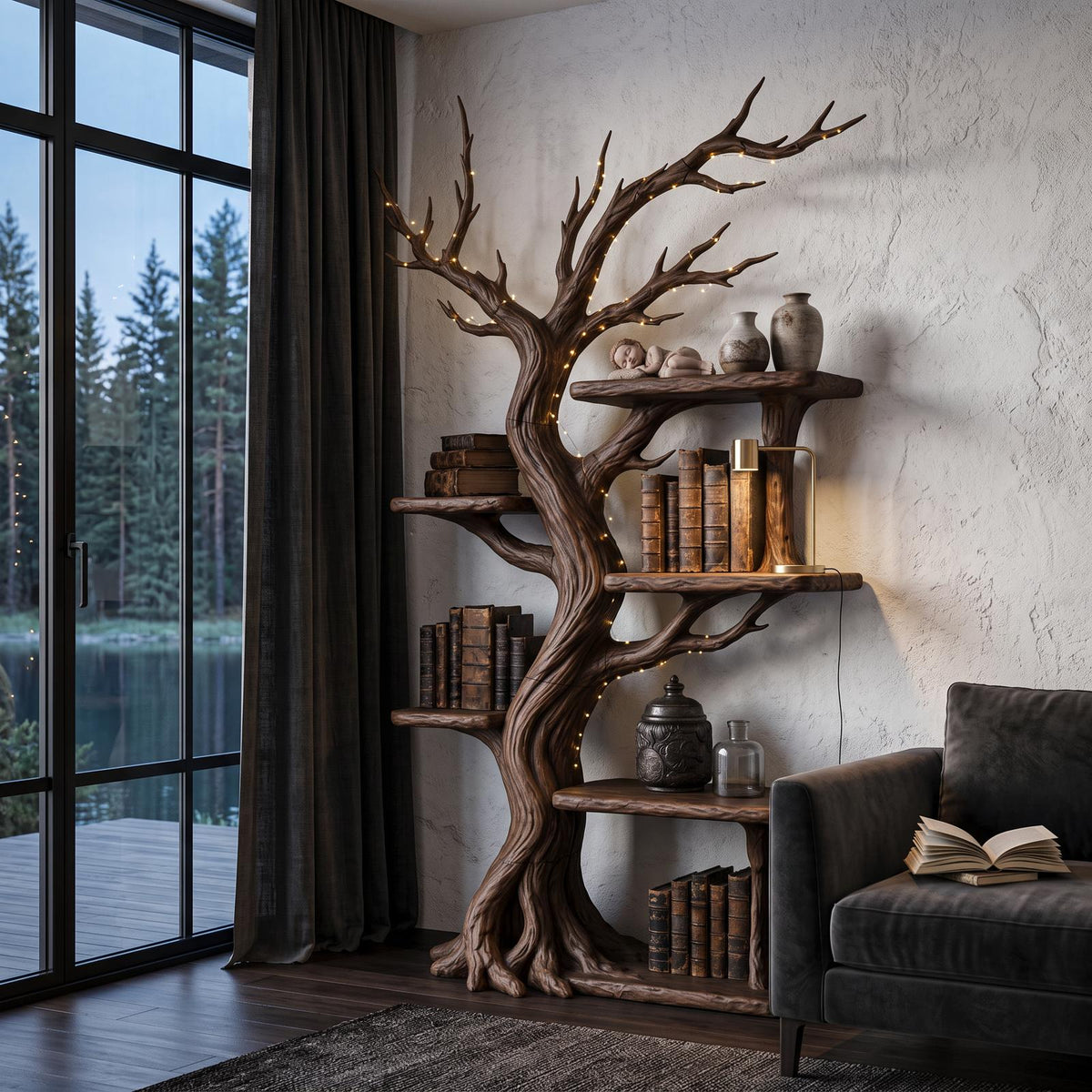 Rustic Tree Bookshelf Handcrafted Woodland Style For Reading Nook