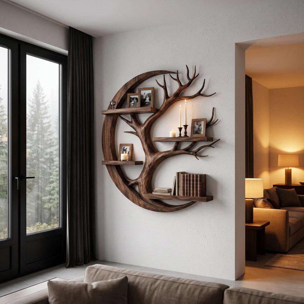 Rustic Floating Shelf With Tree Branch Wall Display For Living Room And Entryway