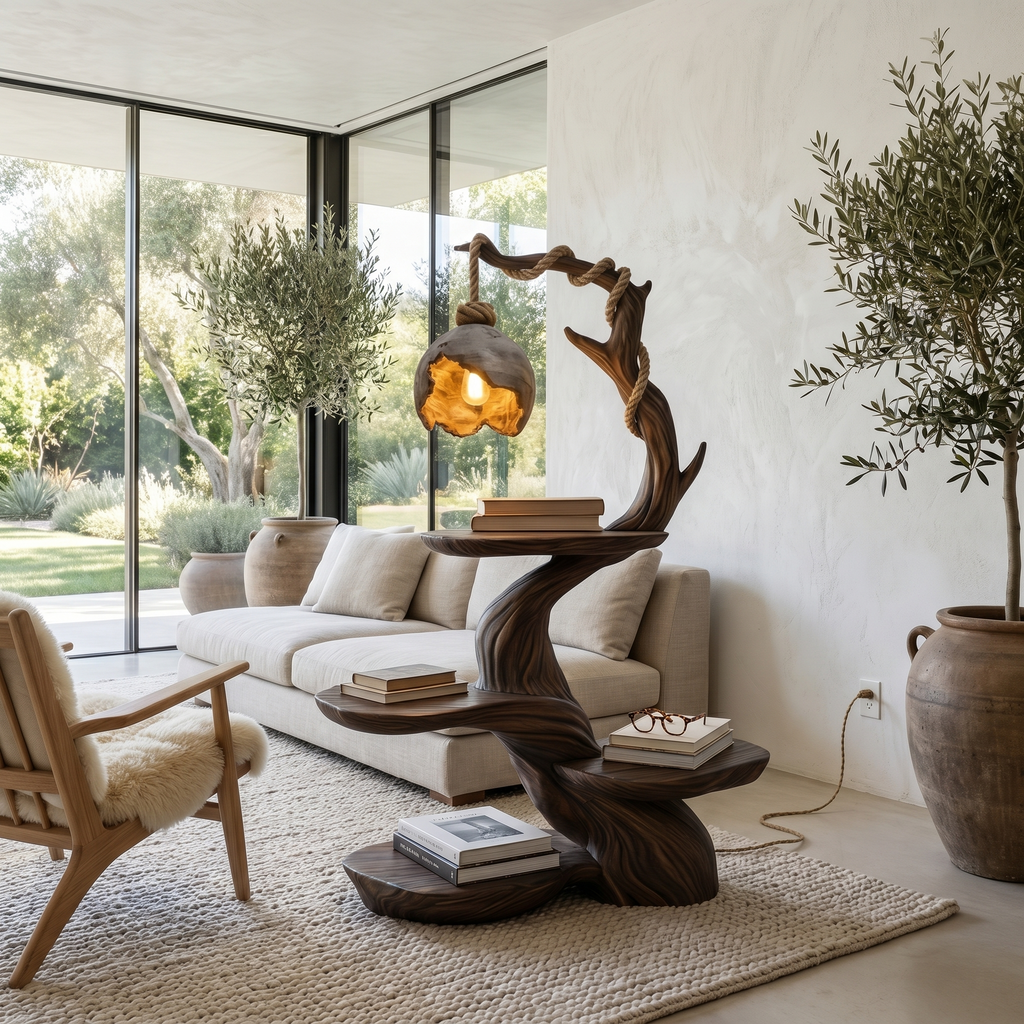 Nature-Inspired Bedside Table with Sculptural Tree Form & Ambient Lamp, Solid Wood Nightstand for Bedroom
