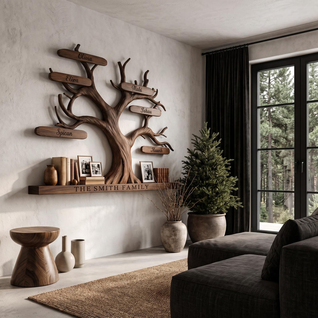 Organic Personalized Tree Wall Bookshelf With Custom Family Name For Living Room And Home Office