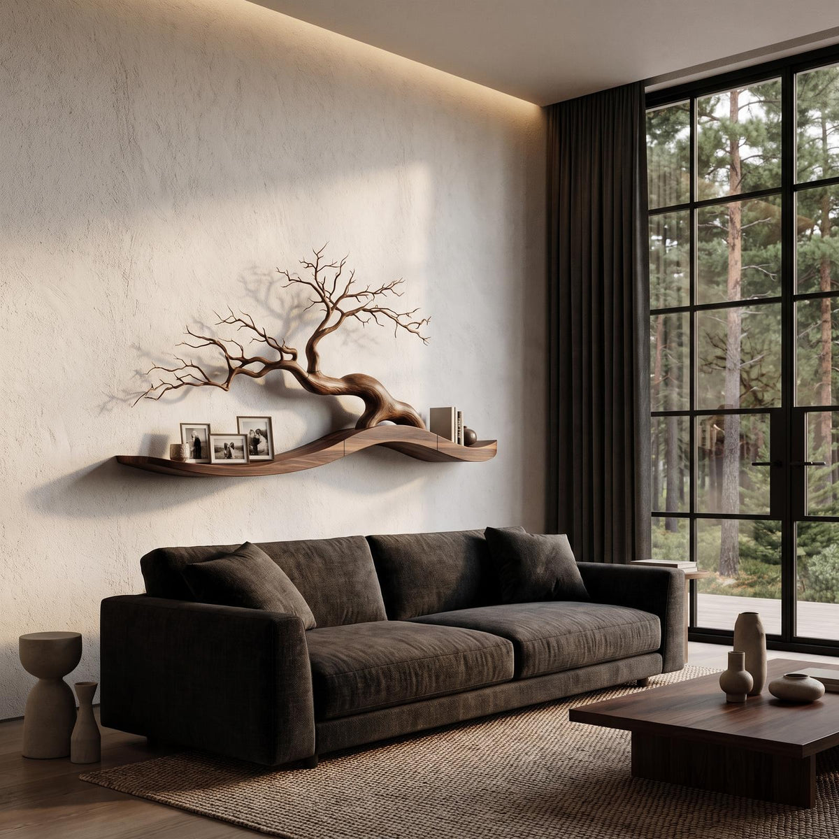 Organic Wall Mounted Shelf With Sculptural Tree Branch Design For Living Room And Bedroom