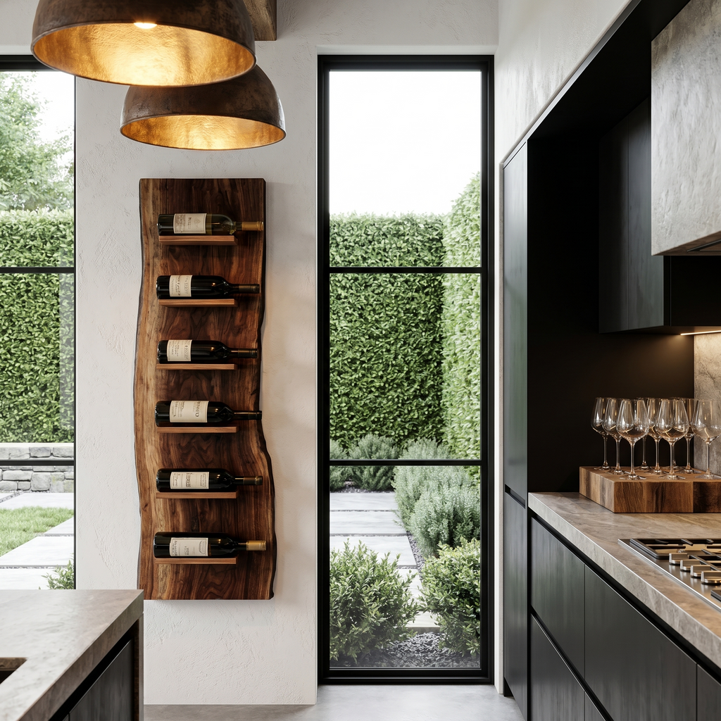 Organic Wall Mounted Wine Rack, Handcrafted Natural Wood Hanging Bottle Holder for Kitchen & Bar