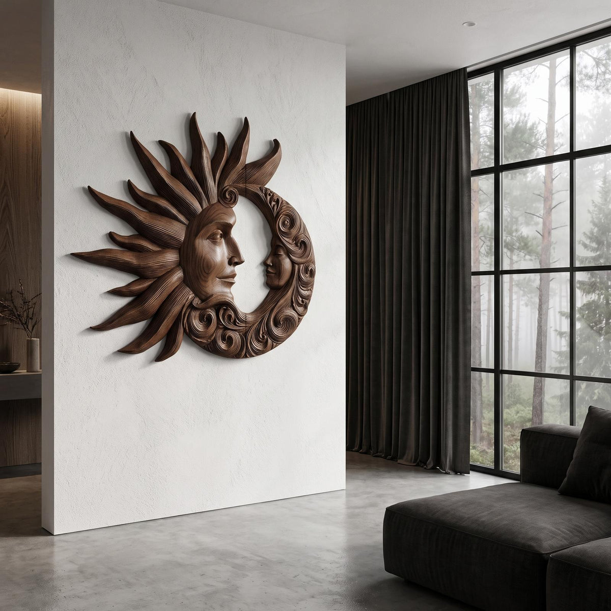 Organic Wood Wall Art With Carved Sun And Moon Design For Living Room And Bedroom