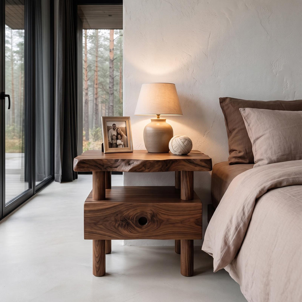 Organic Solid Wood Bedside Table With Open Shelf And Drawer SINLHANS291