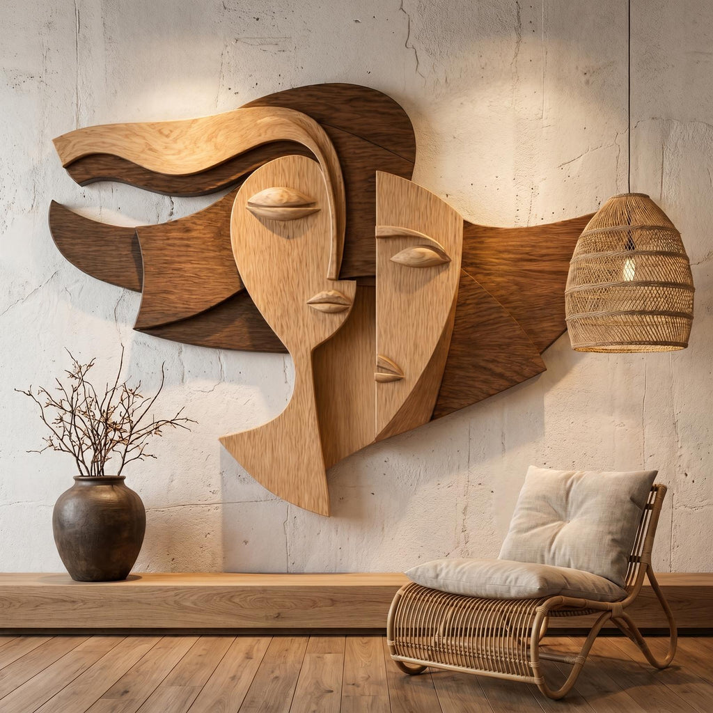 Spry Interior Cubism Style Face Wood Wall Decor Panel, Abstract Handcrafted Portrait Art Sculpture for Living Room Office, SINLHAWD070