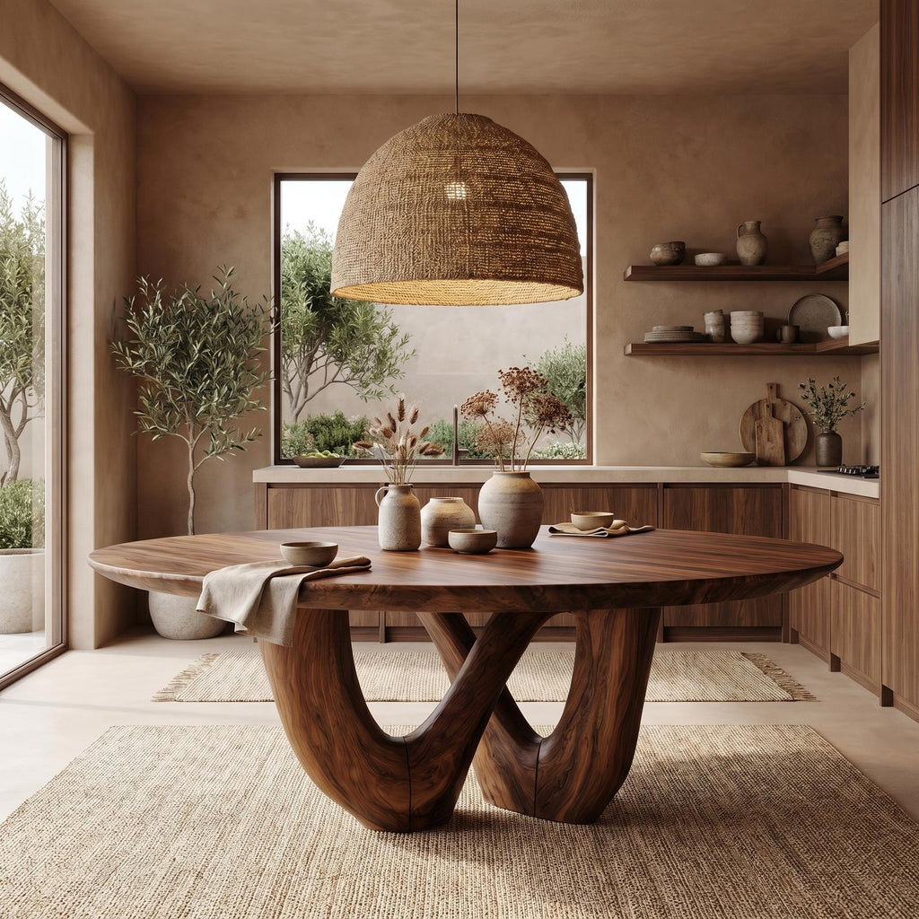 Sculptural Double Curved Base Dining Table, Handcrafted Solid Wood Dining Room & Kitchen Statement Table