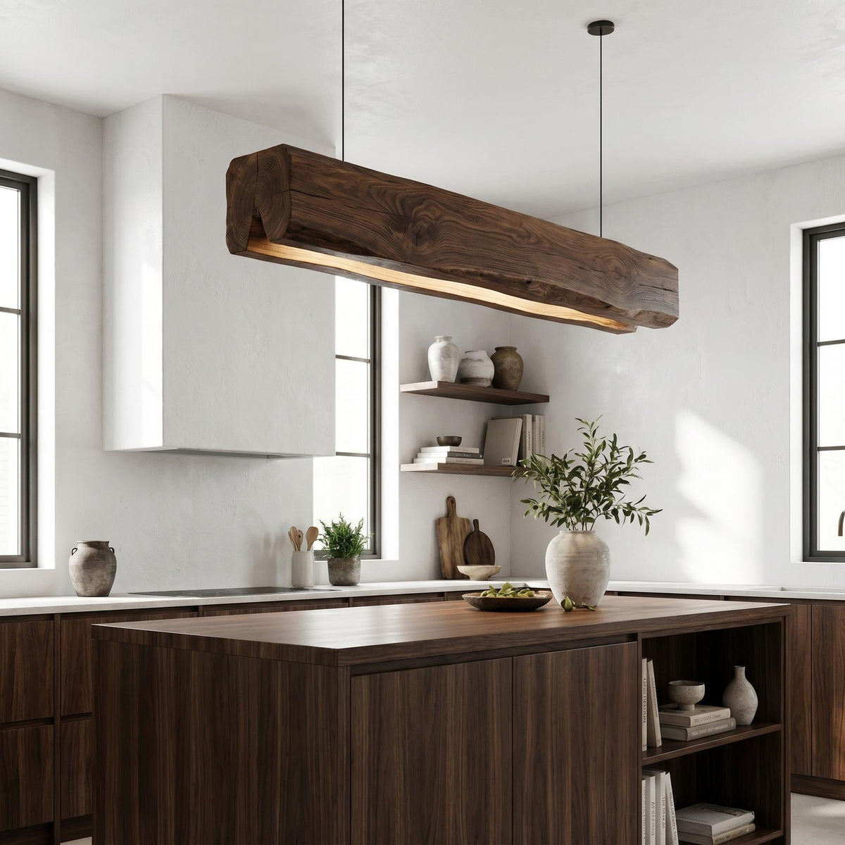 Organic Modern Pendant Light, Sculptural Wood Beam Hanging Ceiling Fixture for Kitchen Island & Living Room, Model