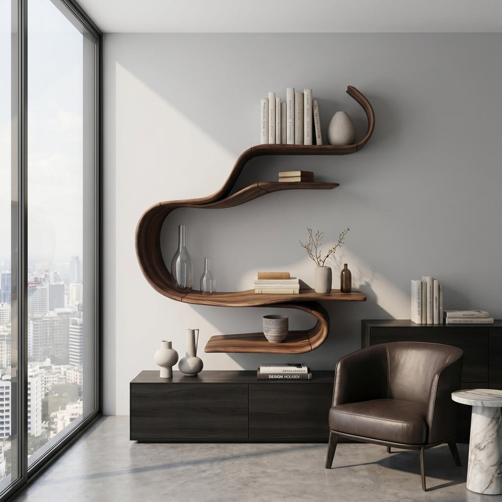 Sculptural Curved Floating Wall Shelf, Modern Solid Wood Display Shelf for Living Room, Bedroom Decor