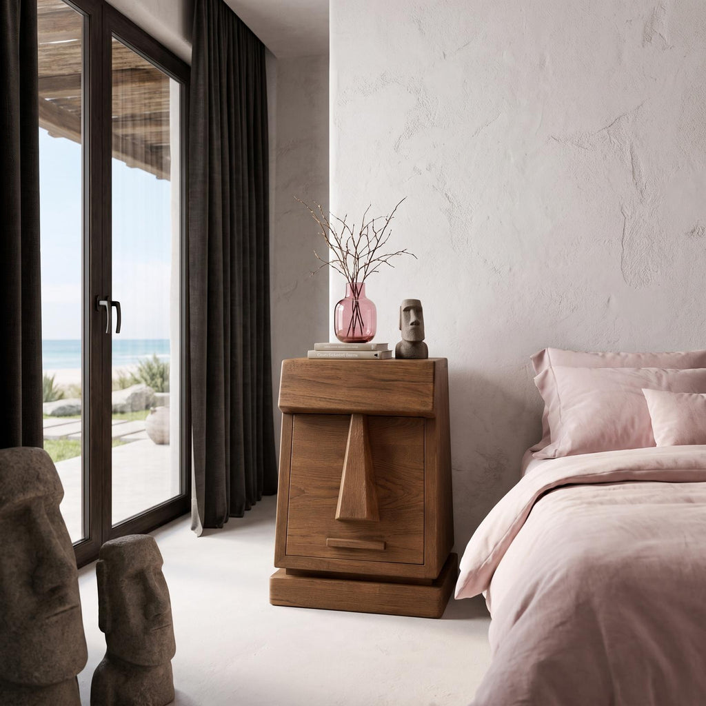 Rustic Solid Wood Bedside Table With Geometric Wooden Door SINLHANS294