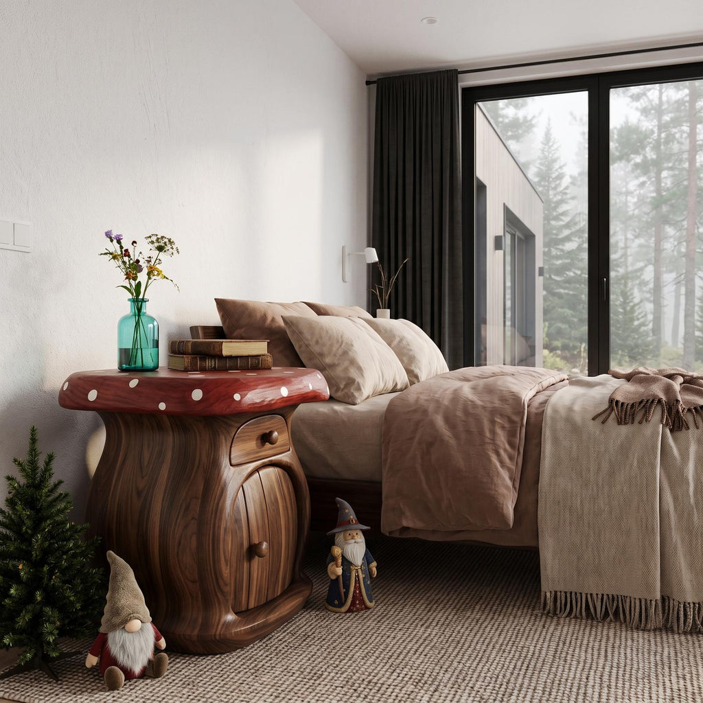 Modern Mushroom Bedside Table With Wooden Storage Door