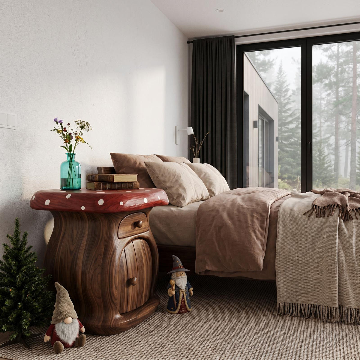 Modern Mushroom Bedside Table With Wooden Storage Door