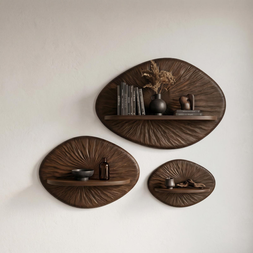 Round Sunburst Floating Wall Shelf, Decorative Handcrafted Solid Wood Display Ledge for Living Room
