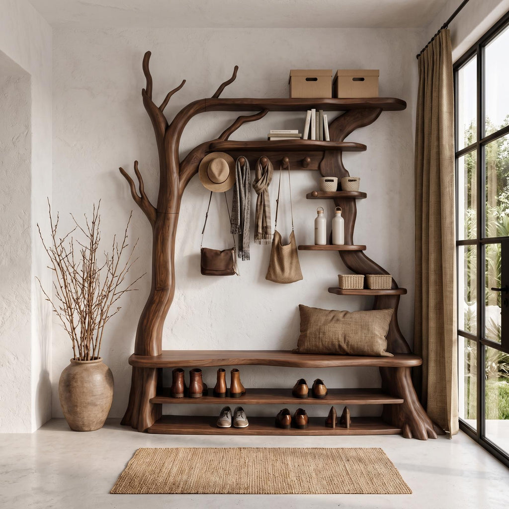 Rustic Tree Shoe Bench Coat Rack Storage Organizer For Entryway Hallway
