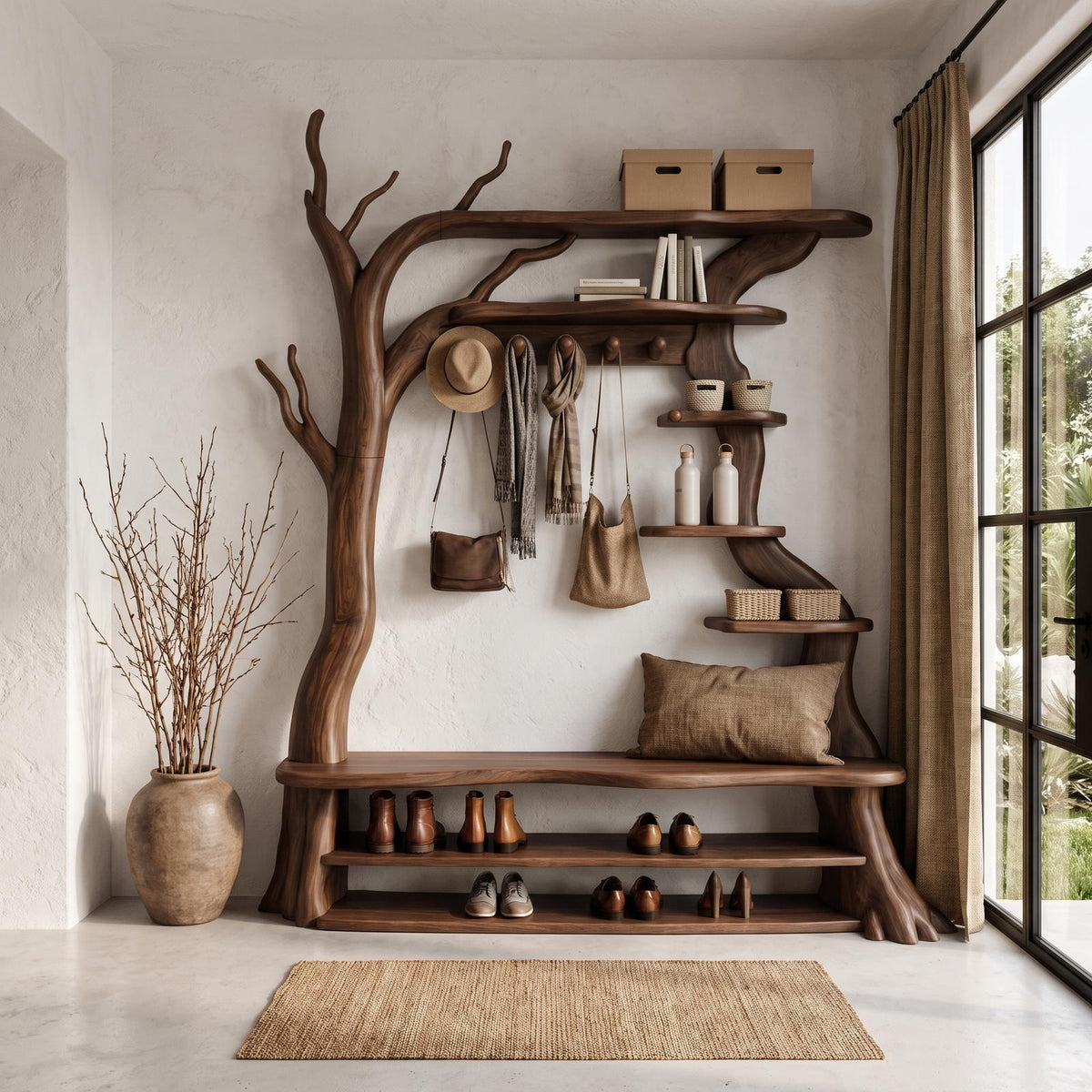Rustic Tree Shoe Bench Coat Rack Storage Organizer For Entryway Hallway