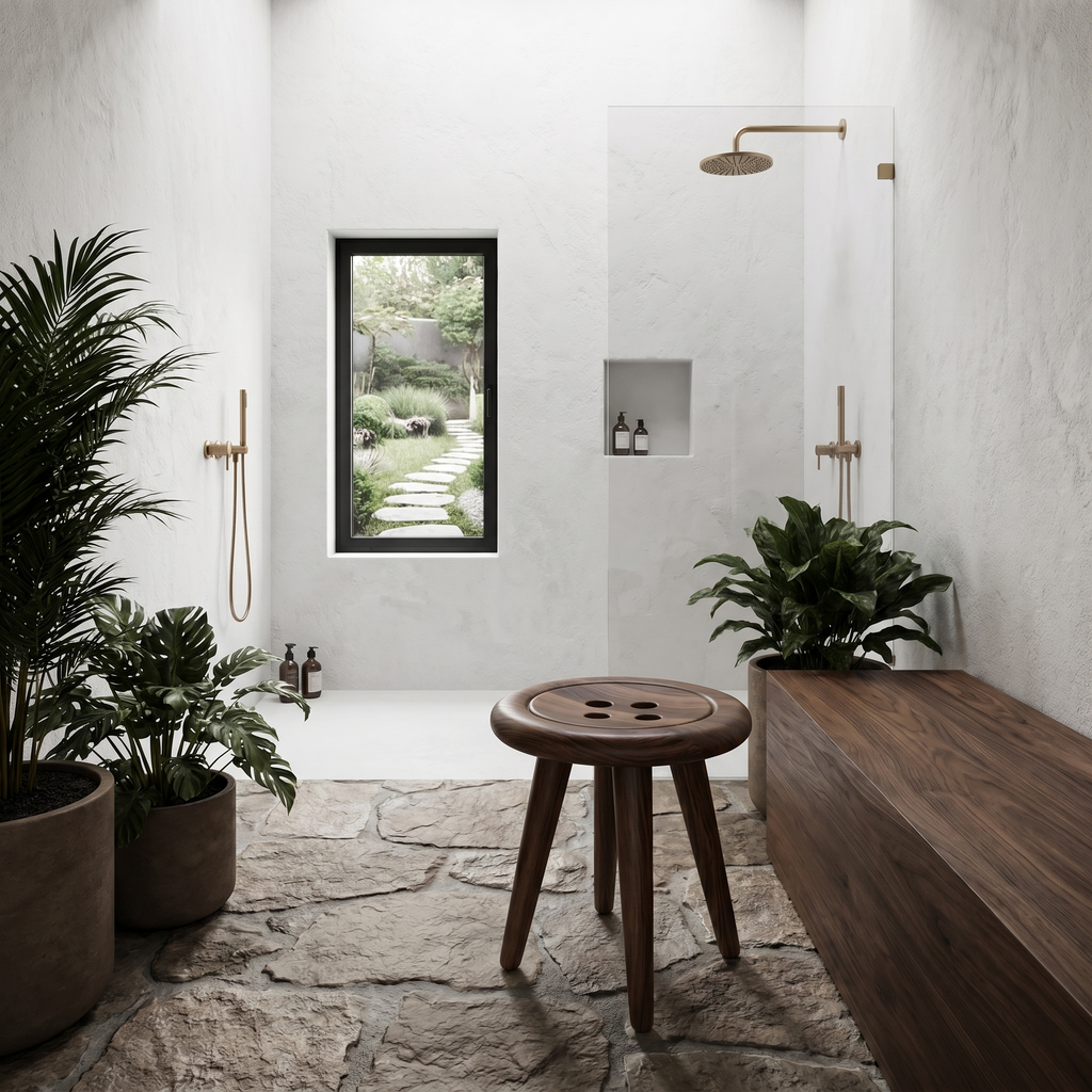 Modern Organic Wood Shower Stool, Handcrafted Waterproof Spa Bath Seat Bench for Contemporary Luxury Bathroom