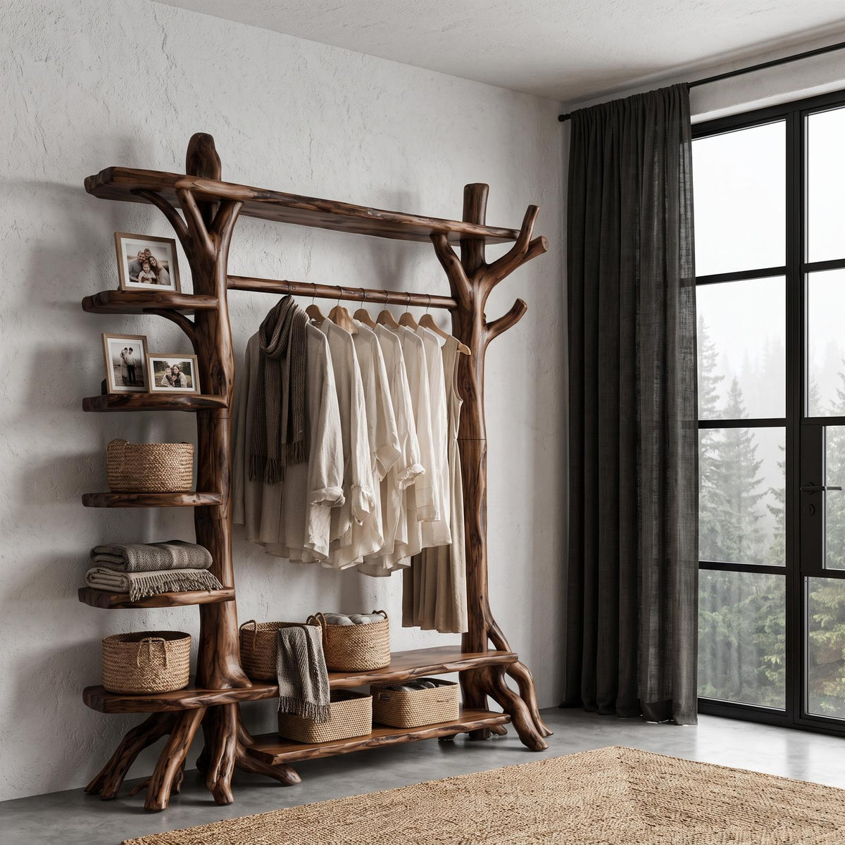 Rustic Tree Coat Rack Storage Organizer For Entryway Hallway