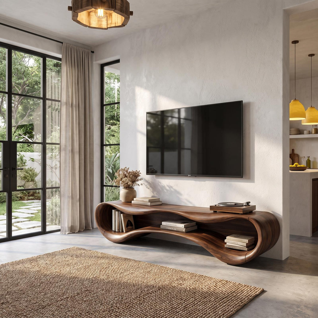Modern Flowing Base TV Cabinet Wooden Media Unit For Living Room