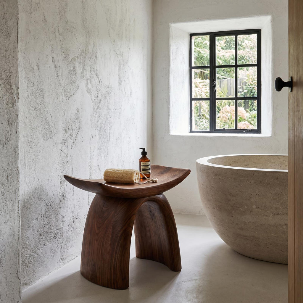 Organic Modern Solid Wood Shower Stool, Sculptural Base Waterproof Bath Seat Bench for Luxury Bathroom Spa