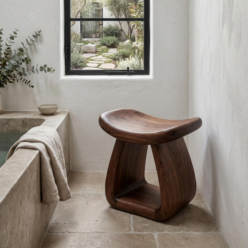 Organic Solid Wood Bath Stool, Handcrafted Pedestal Waterproof Shower Seat for Bathroom Spa and Vanity Decor