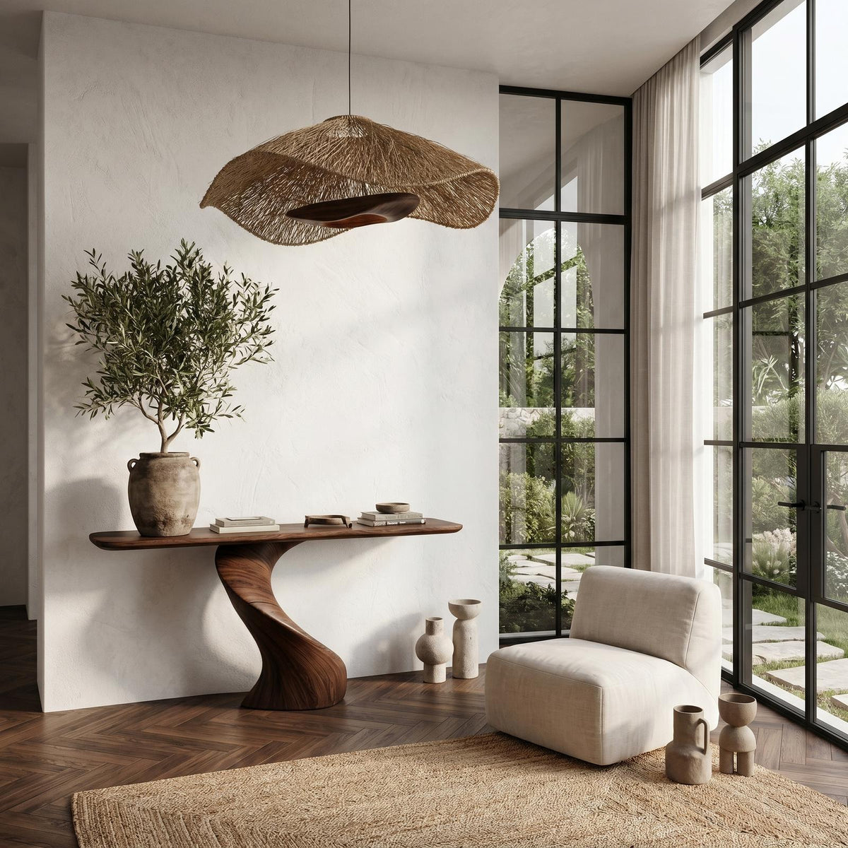 Modern Organic Console Table with Sculptural Twisted Solid Wood Base, Entryway Hallway Sofa Accent Table