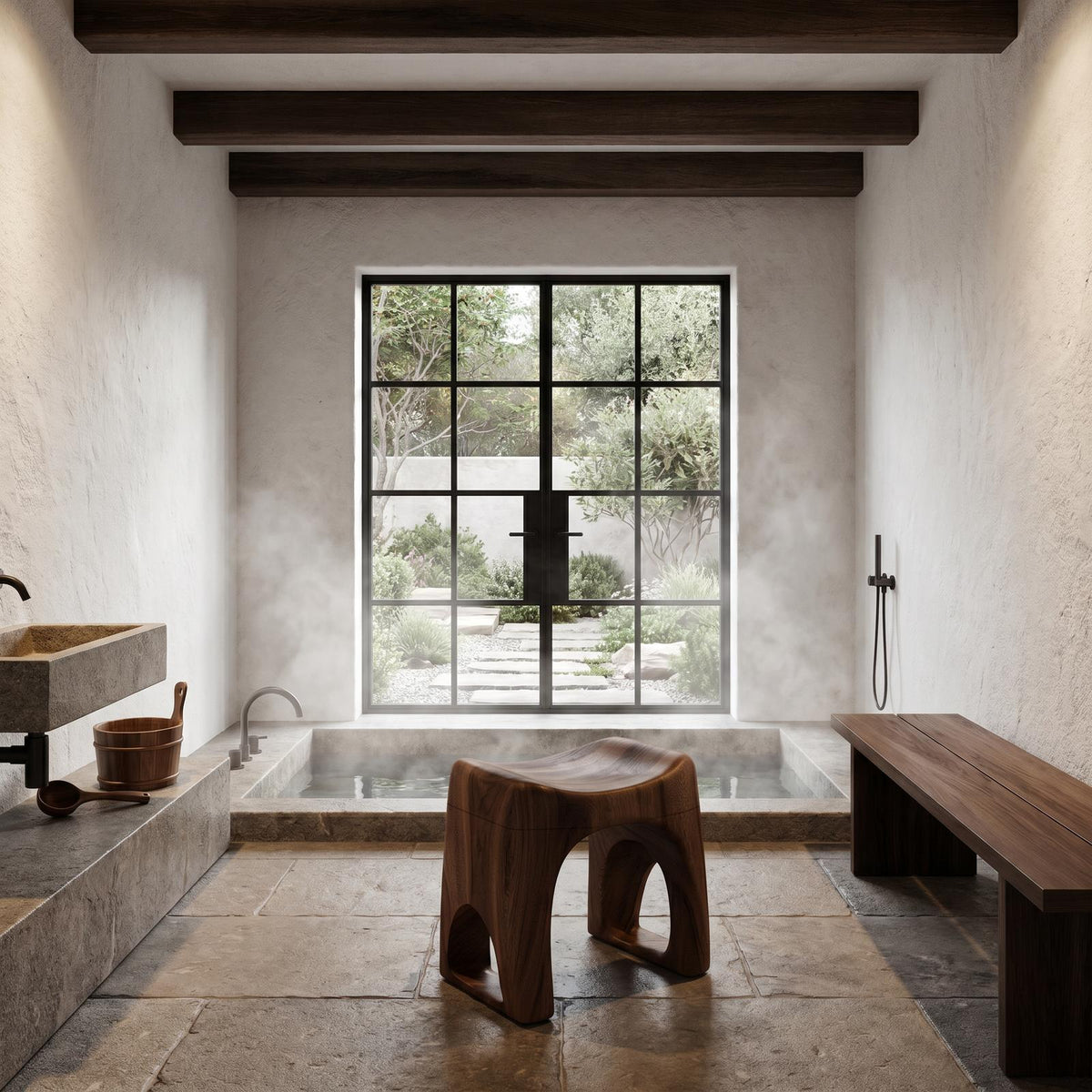 Minimalist Solid Wood Bathroom Stool, Organic Waterproof Spa Shower Bench Seat for Luxury Bathroom Decor