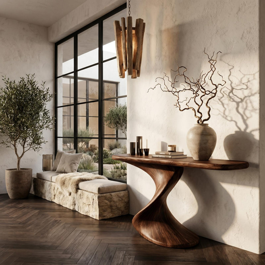 Rustic Console Table with Handcrafted Twisted Solid Wood Base, Narrow Entryway & Hallway Accent Table