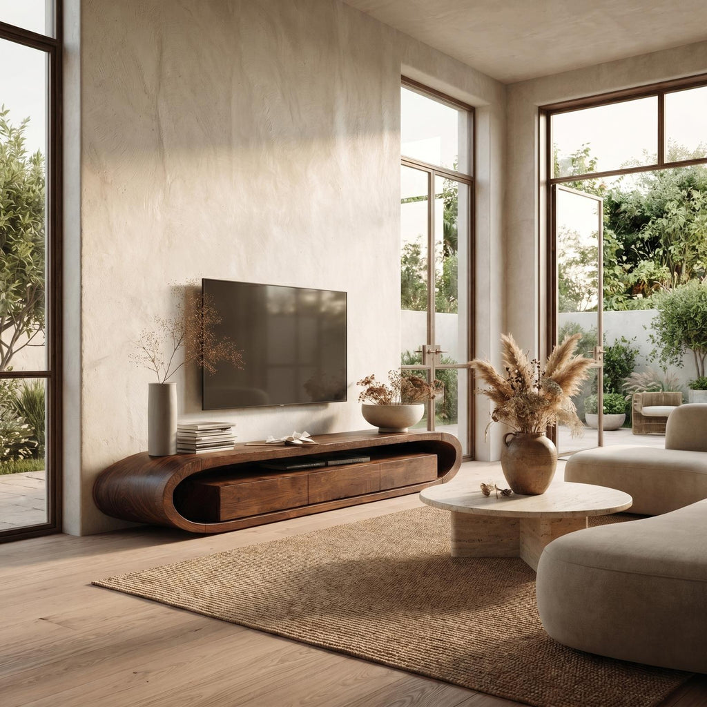 Organic TV Cabinet, Curved Solid Wood Media Console Table with Built-in Drawer Storage for Living Room