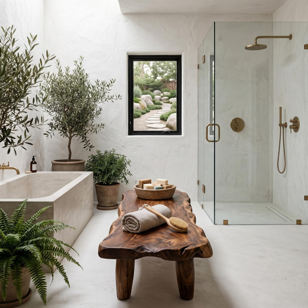 Organic Live Edge Solid Wood Shower Bench, Waterproof Spa Bath Seat Stool for Luxury Bathroom and Wet Room