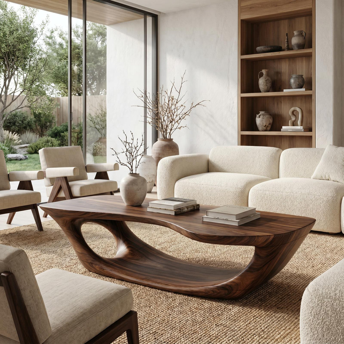 Wabi Sabi Solid Wood Coffee Table, Handcrafted Organic Wood Center Table for Rustic Living Room and Lounge