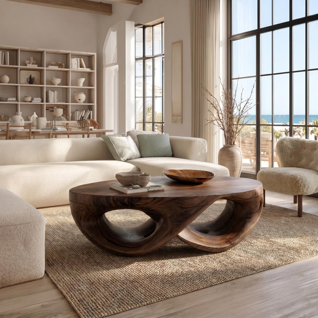 Organic Sculptural Solid Wood Coffee Table, Flowing Wood Center Table for Contemporary Living Room Lounge