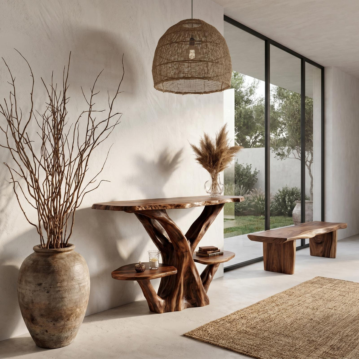 Organic Console Table, Natural Tree Branch Shaped Solid Wood Base Accent Table for Entryway Foyer & Living Room