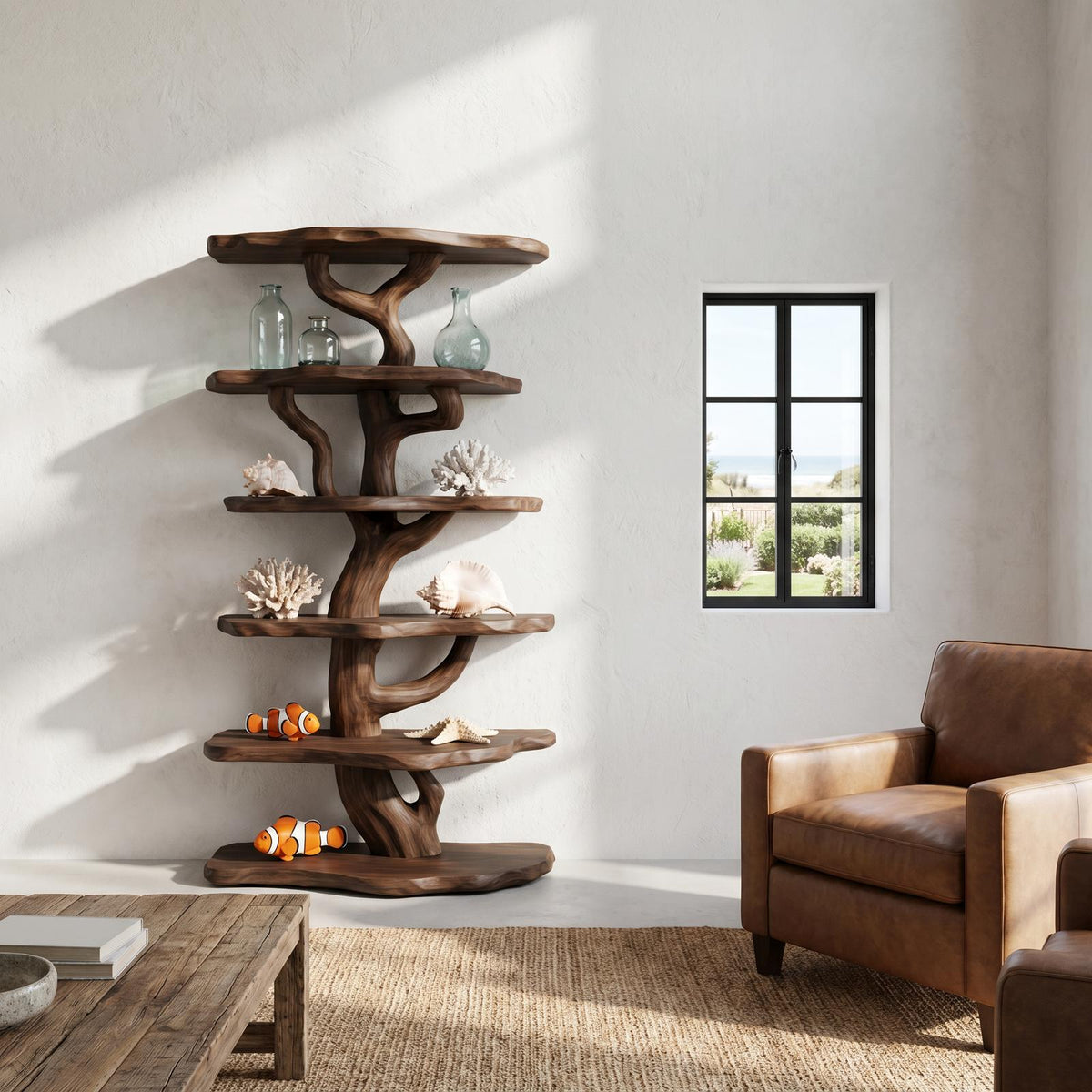 Rustic Sculptural Tree Bookshelf For Living Room And Entryway