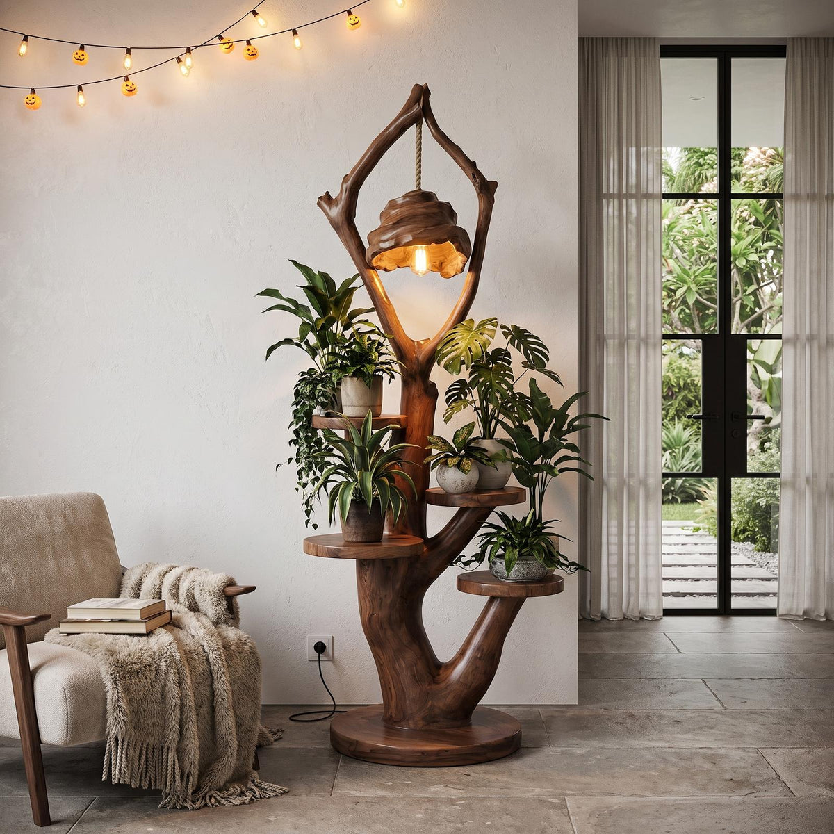 Modern Halloween Multi Tier Plant Stand With Sculptural Branch Shelves For Sunroom