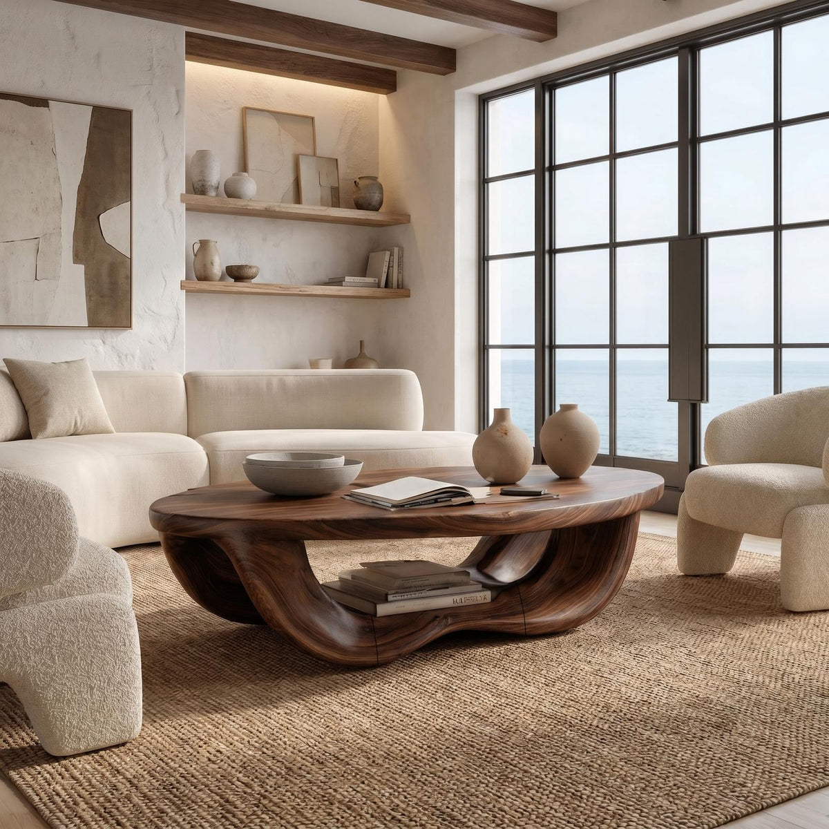 Modern Organic Coffee Table, Handcrafted Curved Solid Wood Center Table for Contemporary Living Room and Lounge