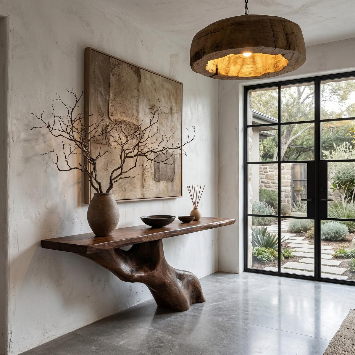 Tree Inspired Console Table, Rustic Live Edge Wood Top Slab with Natural Tree Root Base for Hallway & Foyer