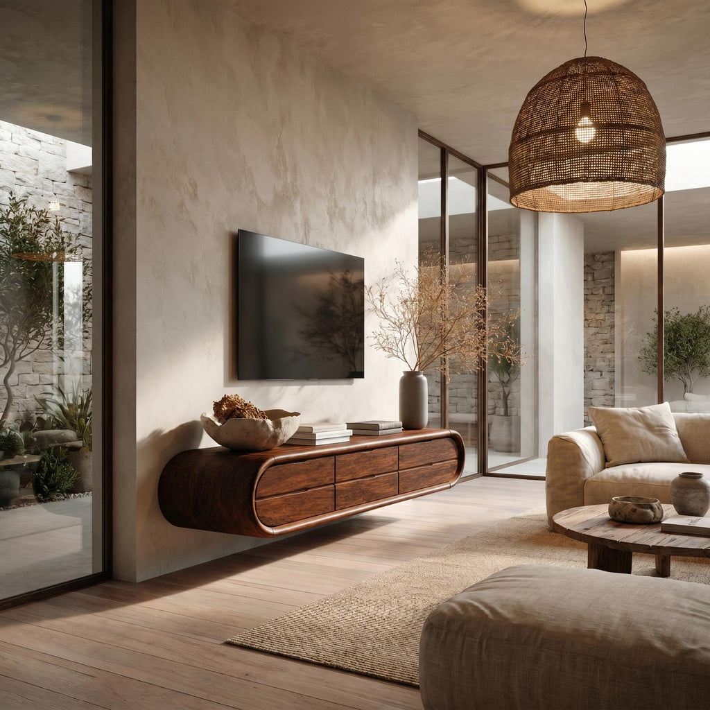 Organic Floating TV Cabinet, Sculptural Curved Solid Wood Wall Mounted Media Console Shelf for Living Room