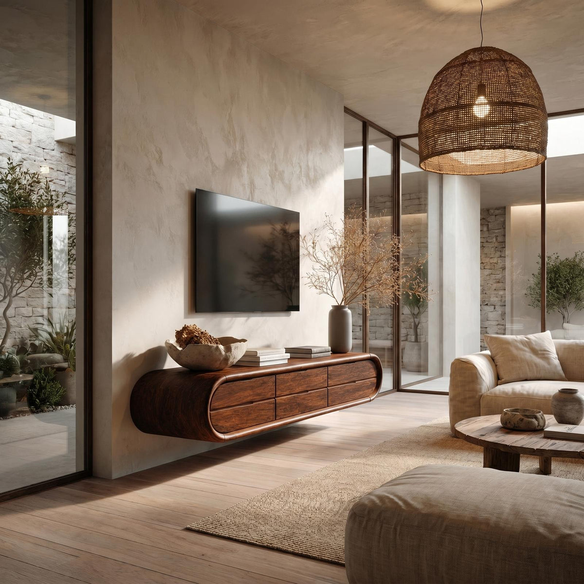 Organic Floating TV Cabinet, Sculptural Curved Solid Wood Wall Mounted Media Console Shelf for Living Room