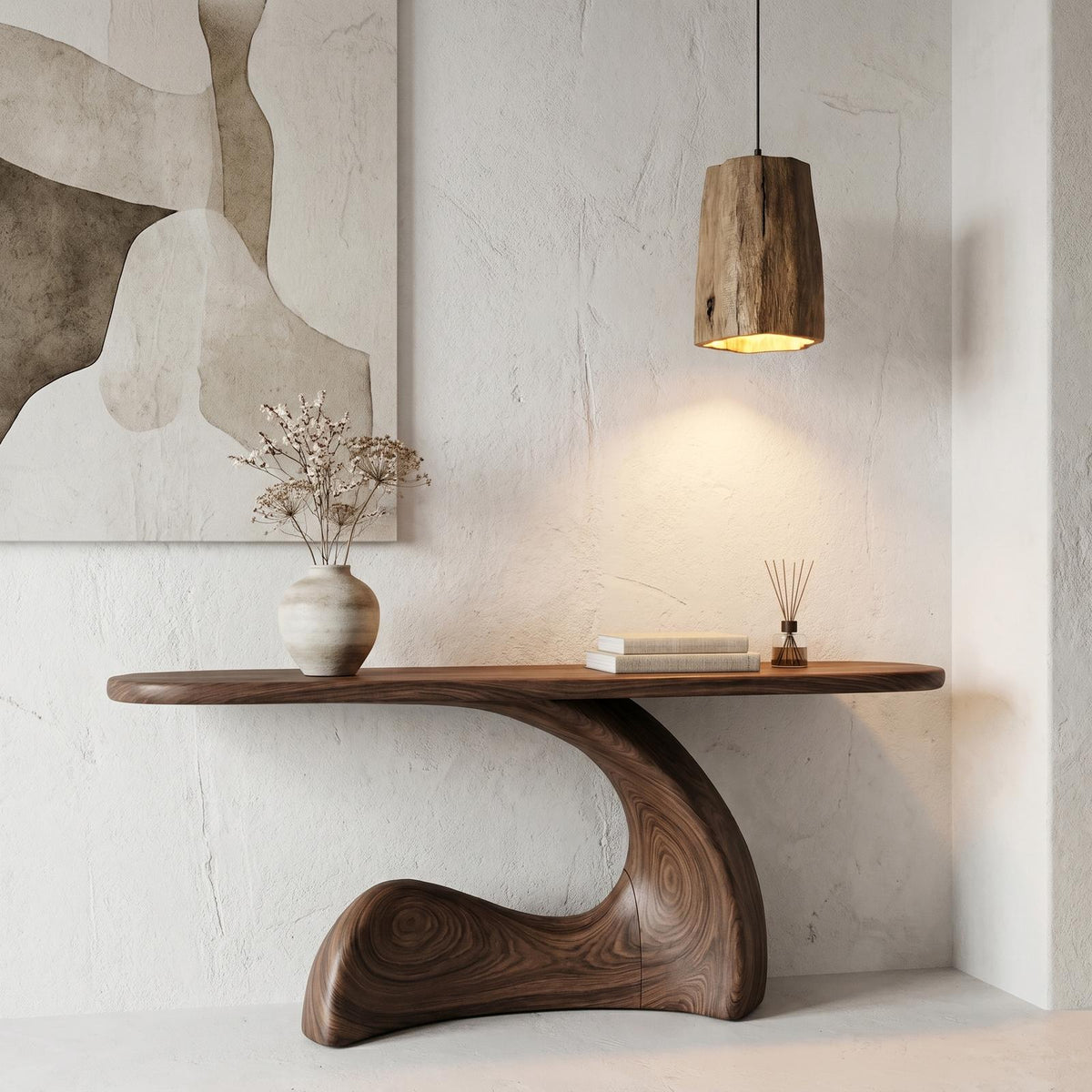 Organic Solid Wood Console Table with Sculptural Curved Base, Modern Entryway Sofa Table for Living Room