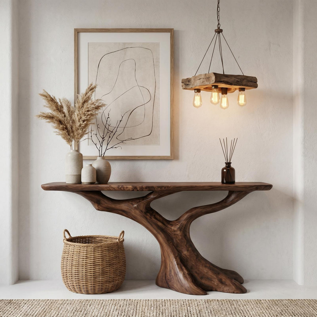 Nature Inspired Solid Wood Console Table with Tree Root Base, Rustic Live Edge Entryway Sofa Table for Living Room