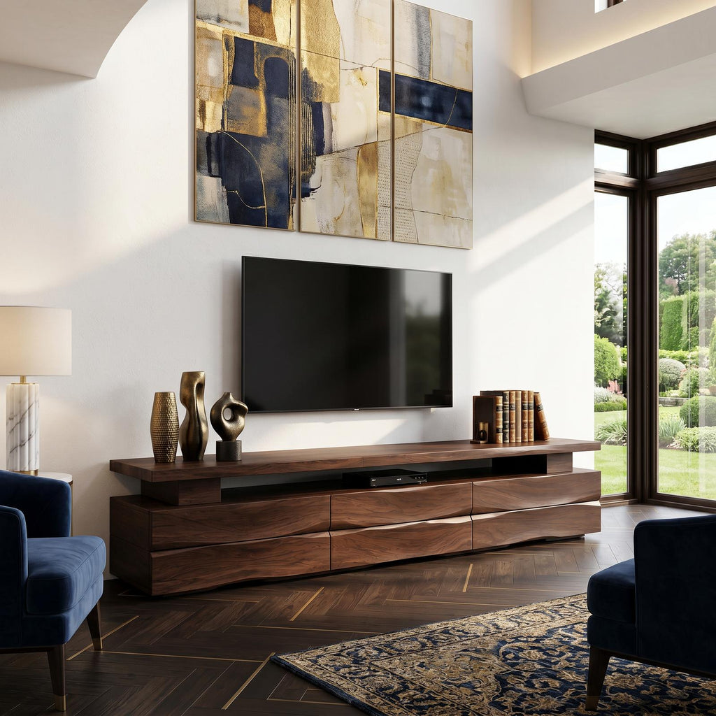 Rustic TV Cabinet with Wave Front Drawers & Open Storage Shelf, Solid Wood Media Entertainment Stand
